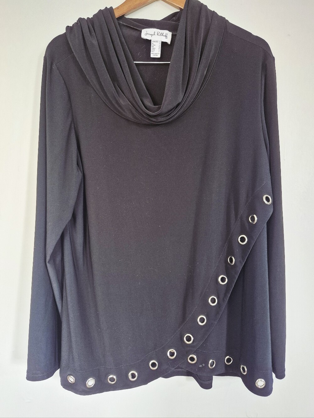 Joseph Ribkoff Black Cowl Neck Metallic Grommets Slinky Top Size 18